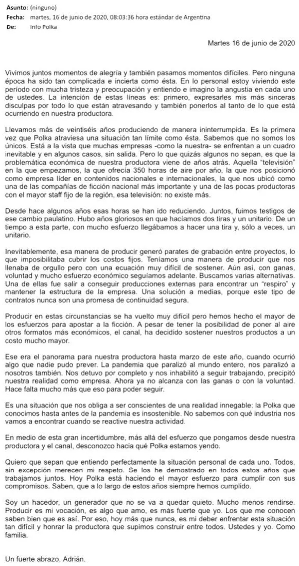 Carta de Polka a sus trabajadores