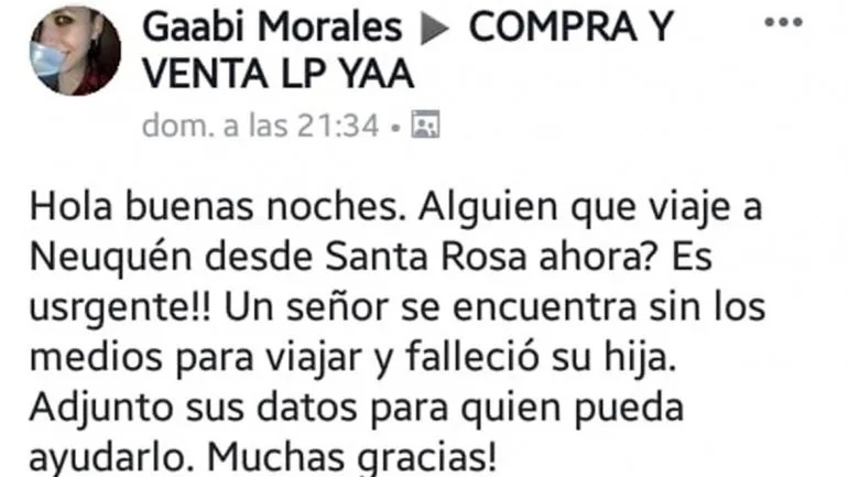 Publicación en Facebook para ayudarlo a viajar para velar a su hija