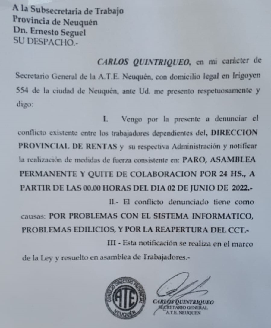 Notificación paro Rentas ATE Neuquén