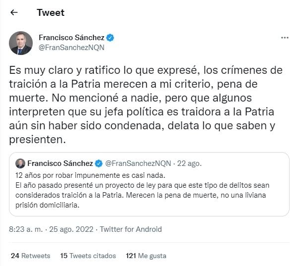 Twitter del diputado nacional de Juntos por el Cambio, Francisco Sánchez
