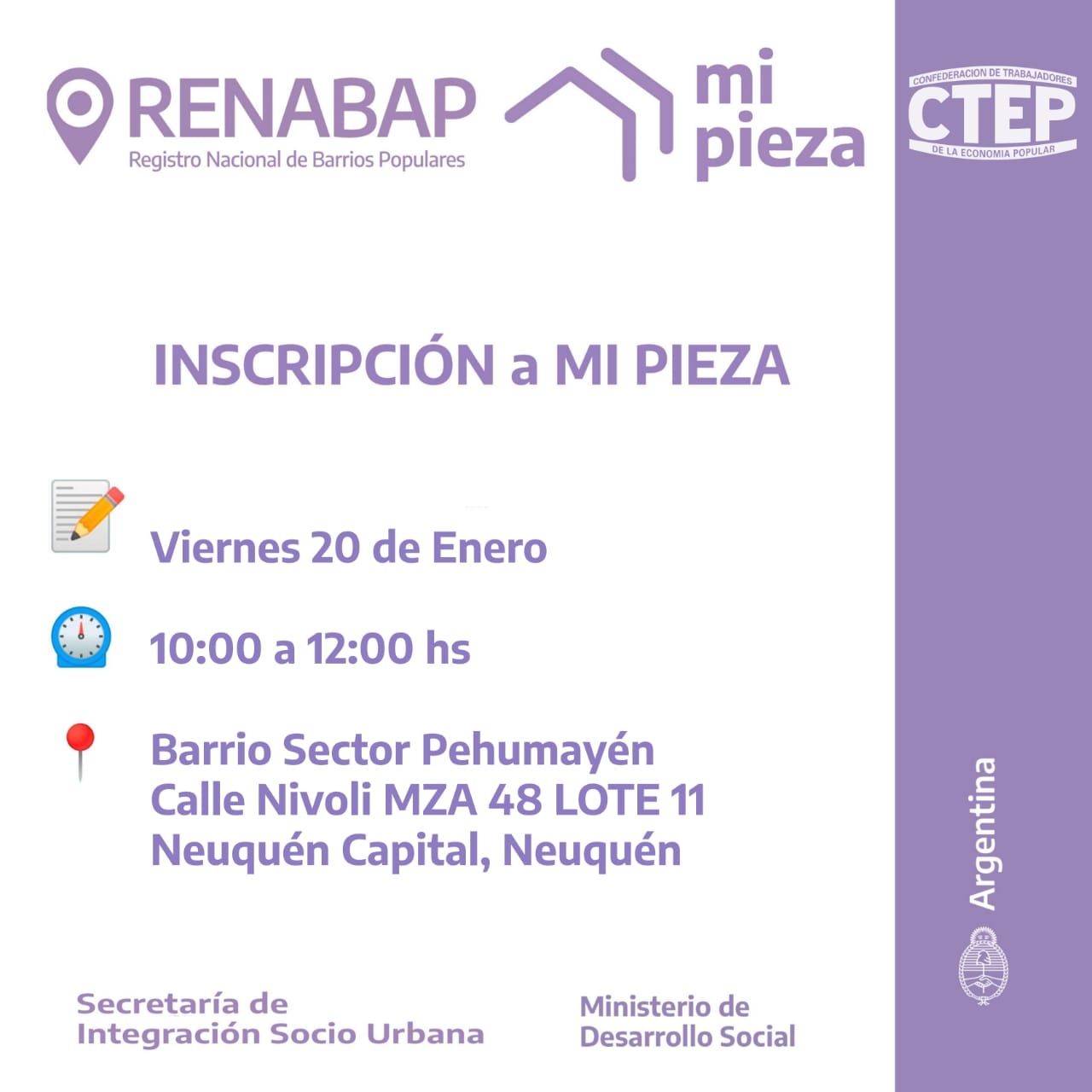 Convocatoria para la inscripción a Mi Pieza. Fuente (Facebook)