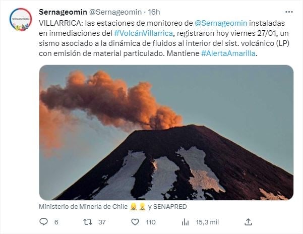 Información del SERNAGEOMIN sobre el Volcán Villarrica. Fuente (Twitter)
