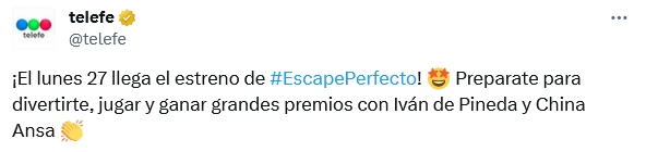 Screenshot 2023-11-19 at 01-08-18 telefe en X ¡El lunes 27 llega el estreno de #EscapePerfecto! ?? Preparate para divertirte jugar y ganar grandes premios con Iván de Pineda y China Ansa ?? https __t.co_8p1q7RrIf7 _ X