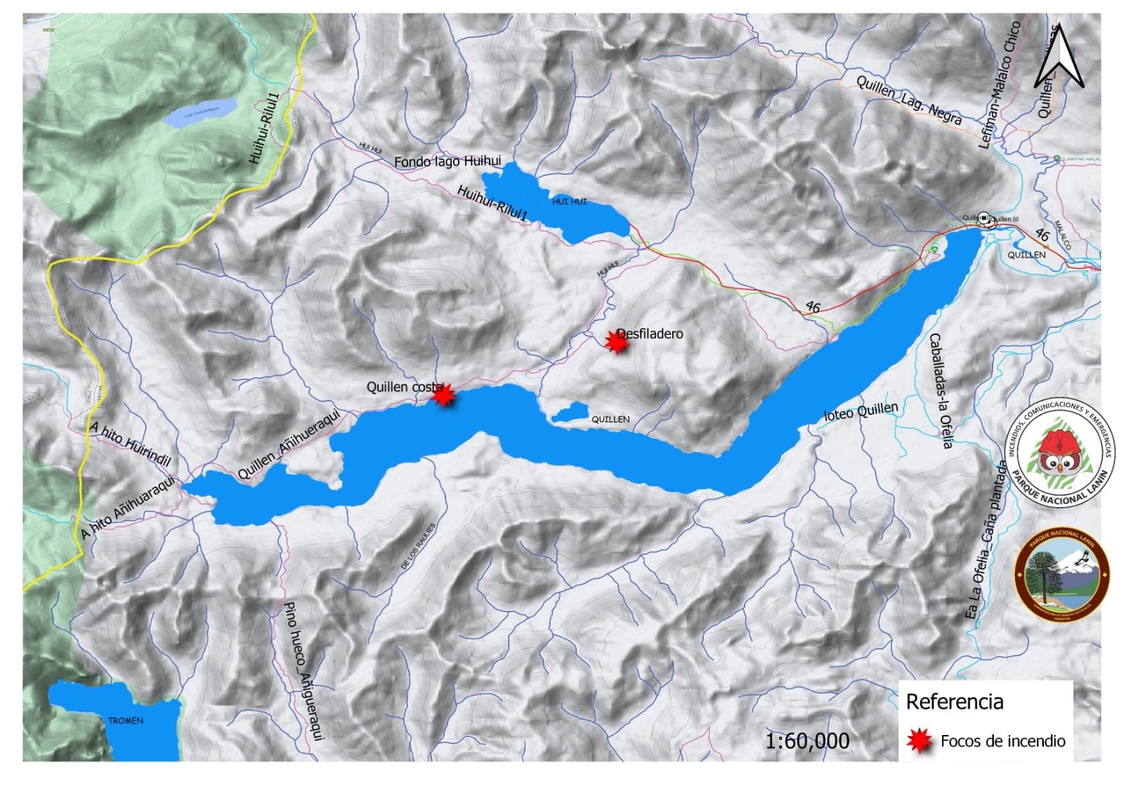 Focos de incendios en la zona norte del Parque Nacional Lanín