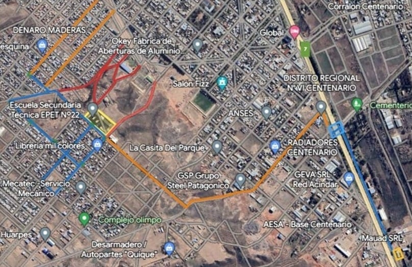 Mapa del corredor seguro de la EPET 22 de Centenario