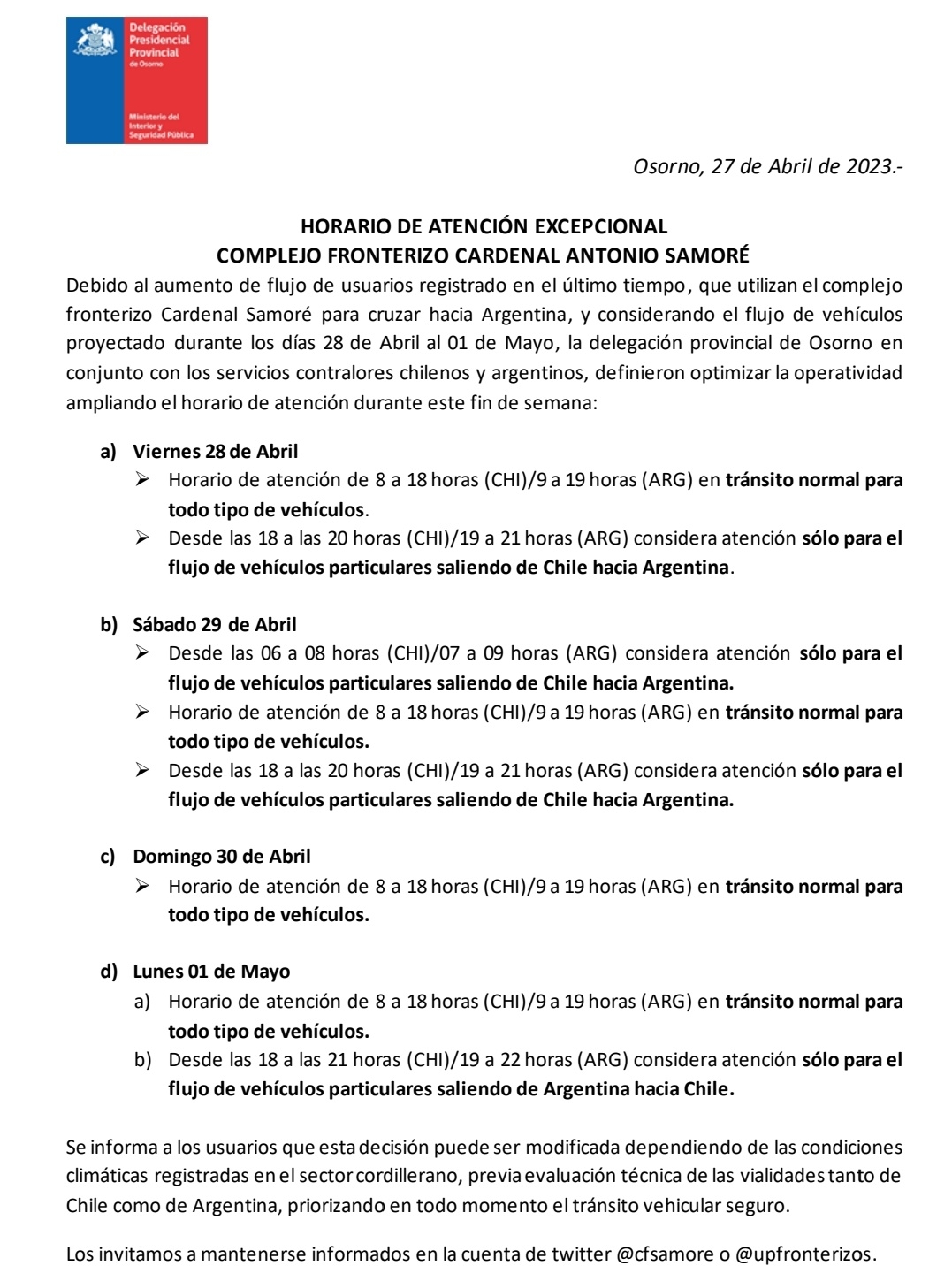 Horario de atención excepcional en el Complejo Fronterizo Cardenal Samoré