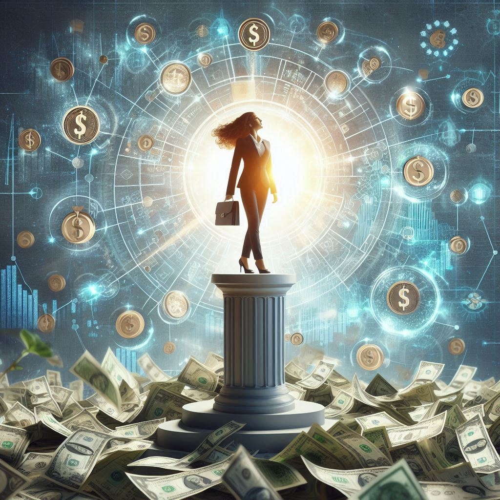persona ambiciosa, con mucho dinero, parada en un pedestal con aire de triunfo, la rodeamucho dinero