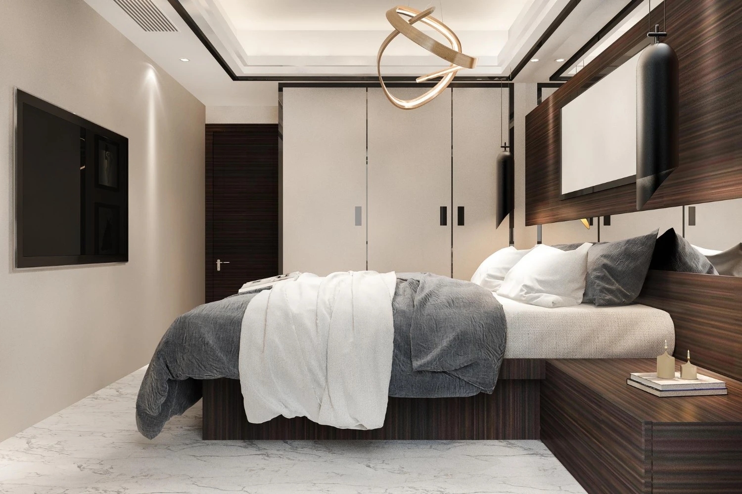 Dark-wood-headboard-and-bedside-tables-flanking-bed-in-commanding-position-away-from-door-alignment